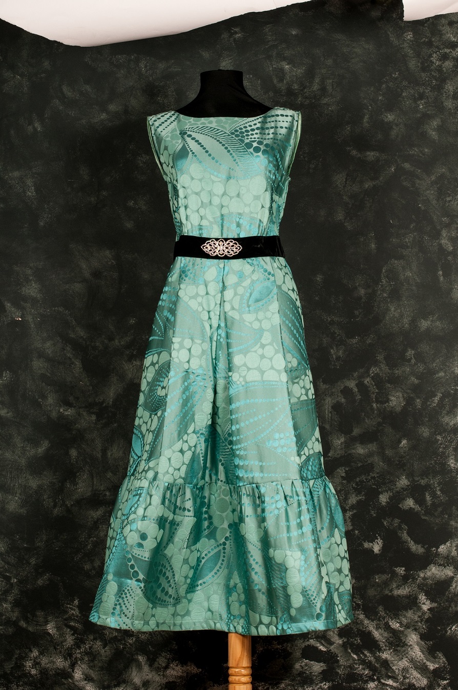 Rochie midi turcoise din brocart cu cristale Swarovski